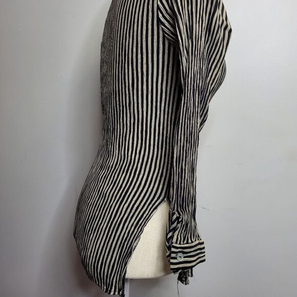VINTAGE 90s striped iridescent button crinkle fabric‎ split side blouse S - Picture 5 of 12